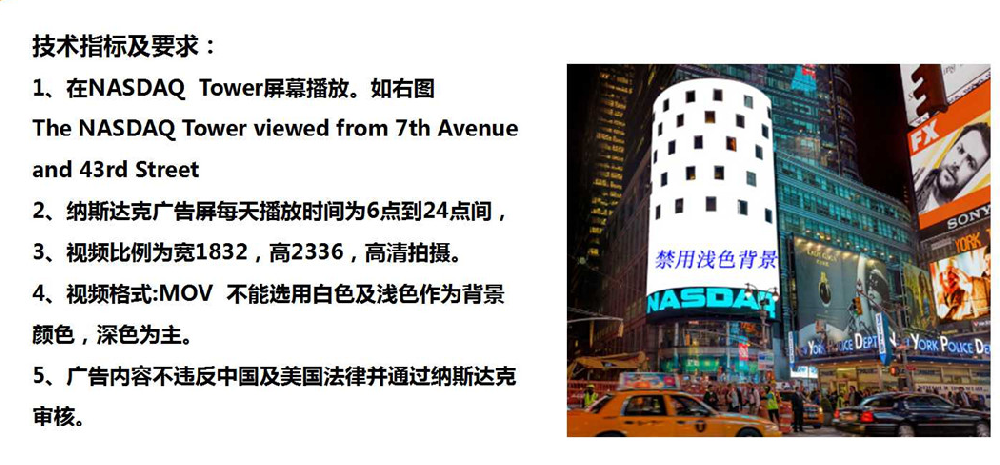 纳斯达克大屏广告视频技术要求